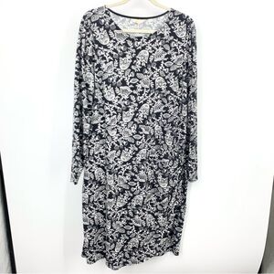 Boden Women Size 16 18 LONG Dress Long Sleeve Side Wrap Ruched Black White Print